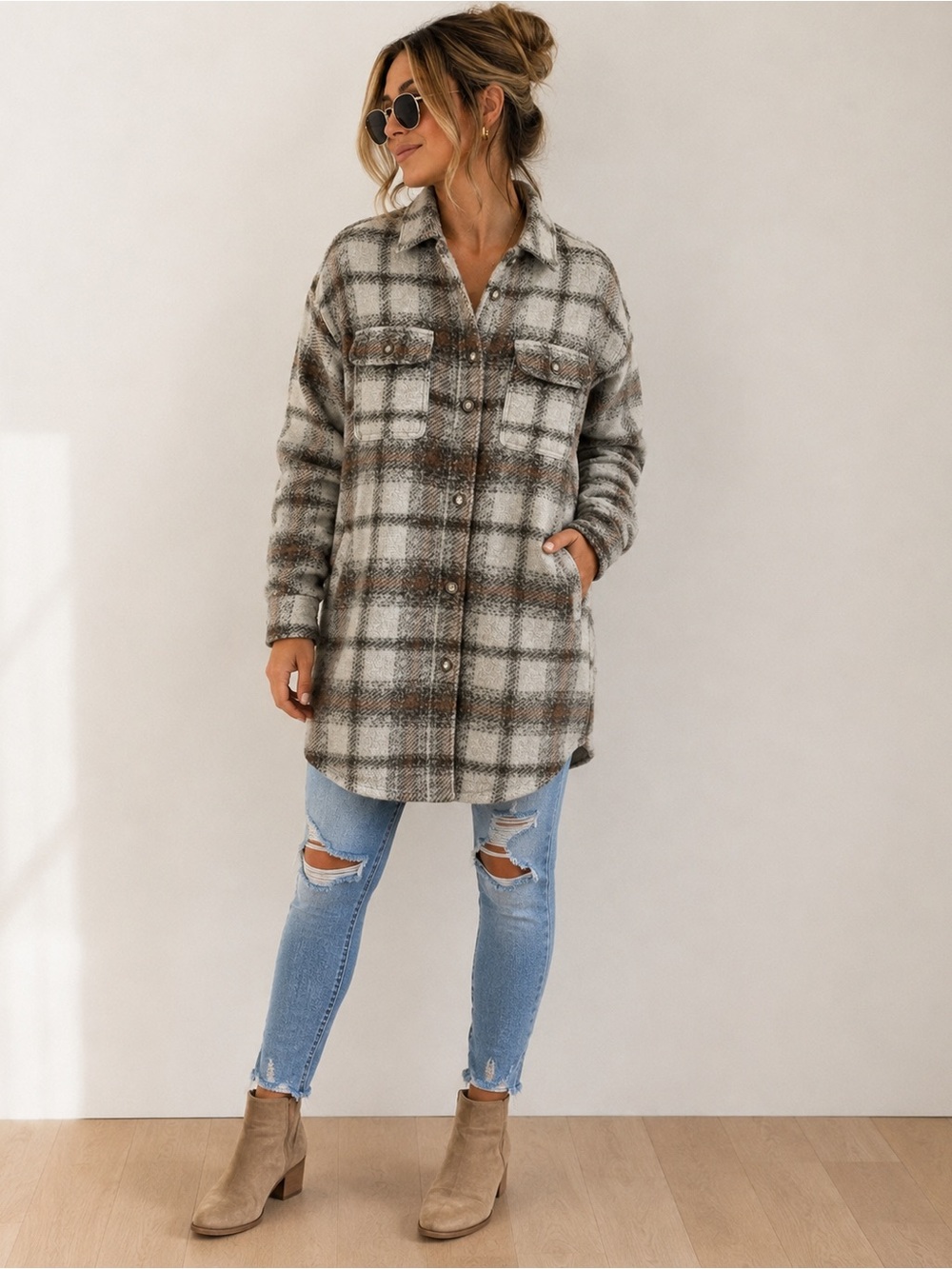 GAP Long Plaid Sherpa Shirt Jacket XXL Gray Brown Lined Shacket Longline Coat